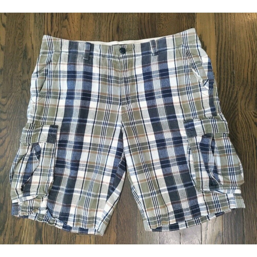 Tommy Hilfiger Cargo Shorts Men's 35x10 Linen Blend Plaid Navy Orange Taupe EUC